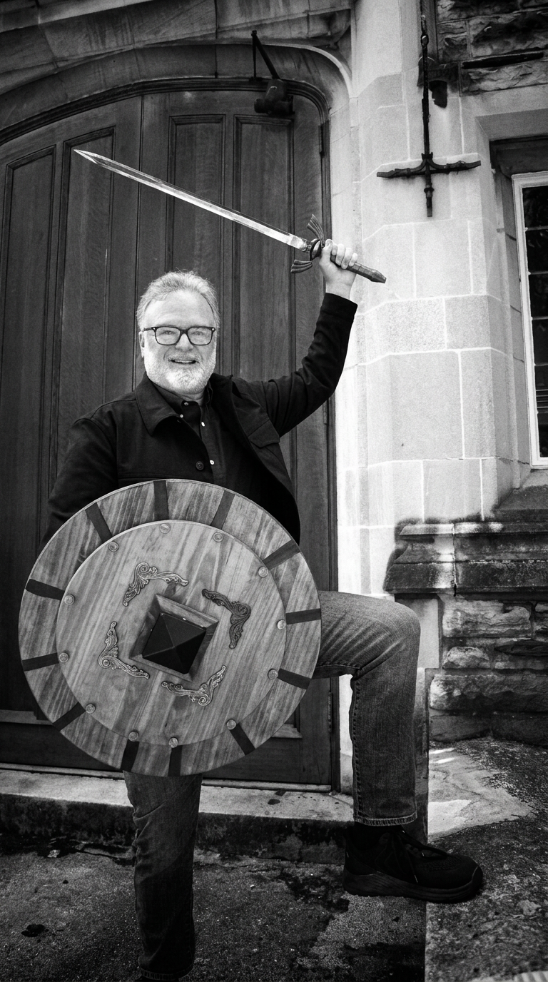Andrew Meldrum raising a sword and holding a wooden shield