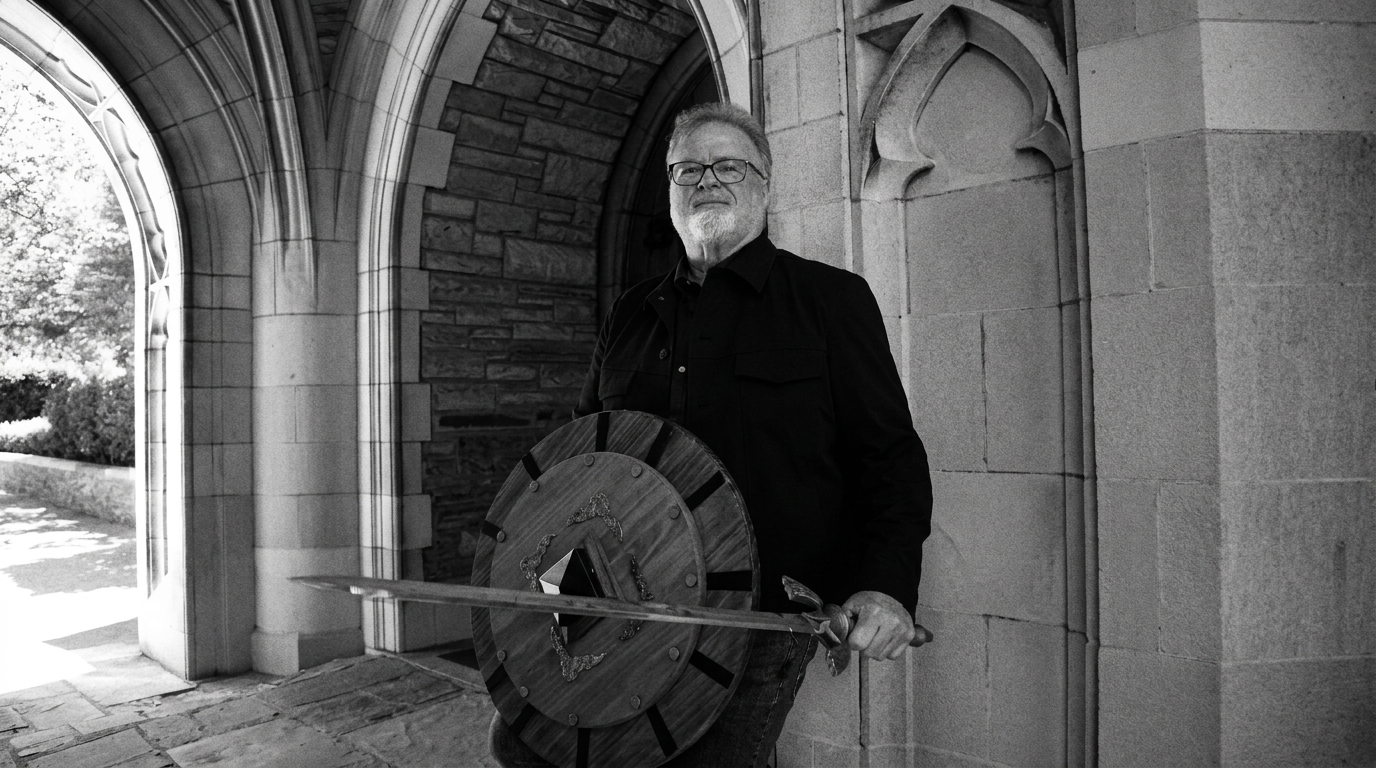 Andrew Meldrum holding a sword and shield in a stone archway